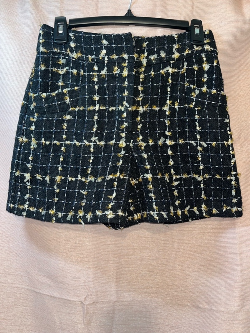 High-Rise Black Tweed Check Shorts with Gold Accents
